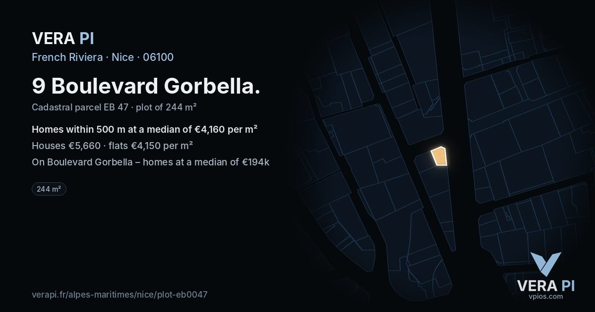 9 Boulevard Gorbella, Nice at night – the plot lit, the parcels around coloured by the prices near them