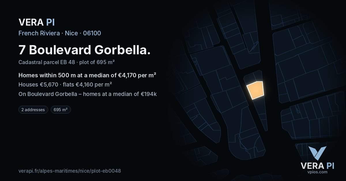 7 Boulevard Gorbella, Nice at night – the plot lit, the parcels around coloured by the prices near them