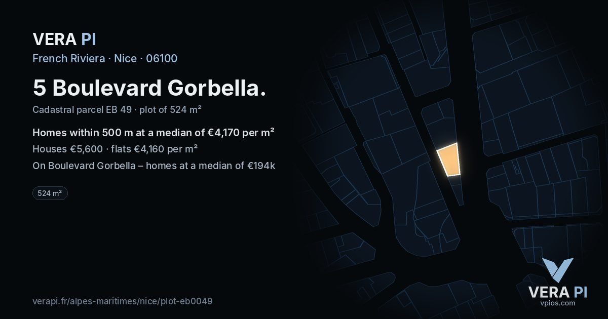 5 Boulevard Gorbella, Nice at night – the plot lit, the parcels around coloured by the prices near them