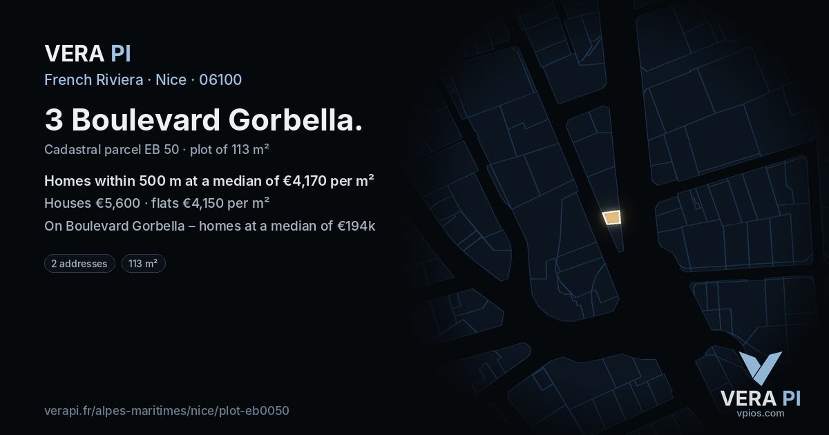3 Boulevard Gorbella, Nice at night – the plot lit, the parcels around coloured by the prices near them