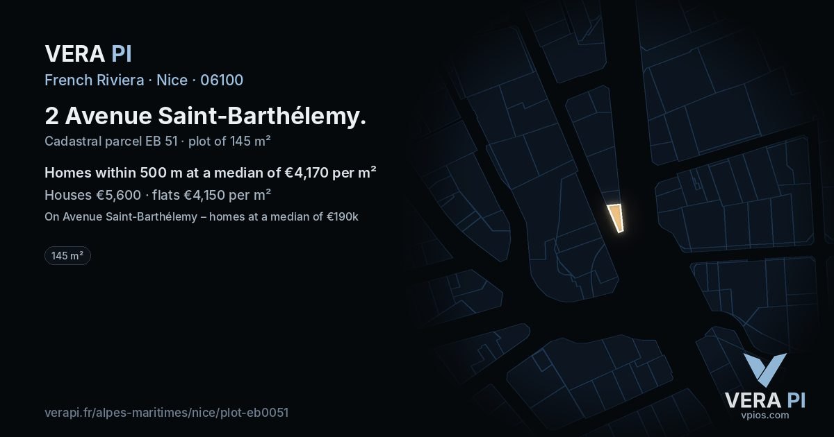 2 Avenue Saint-Barthélemy, Nice at night – the plot lit, the parcels around coloured by the prices near them