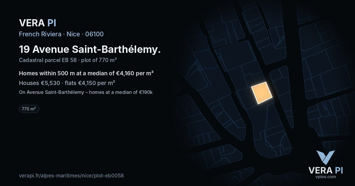 19 Avenue Saint-Barthélemy, Nice at night – the plot lit, the parcels around coloured by the prices near them