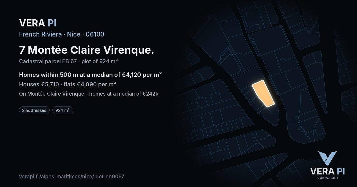 7 Montée Claire Virenque, Nice at night – the plot lit, the parcels around coloured by the prices near them