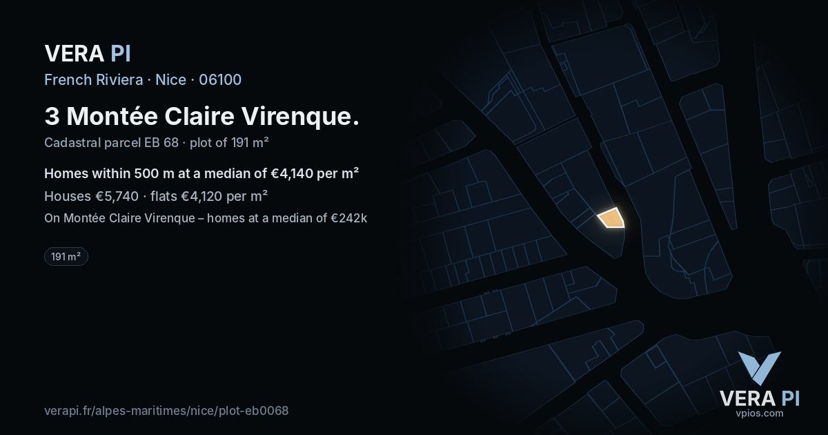 3 Montée Claire Virenque, Nice at night – the plot lit, the parcels around coloured by the prices near them