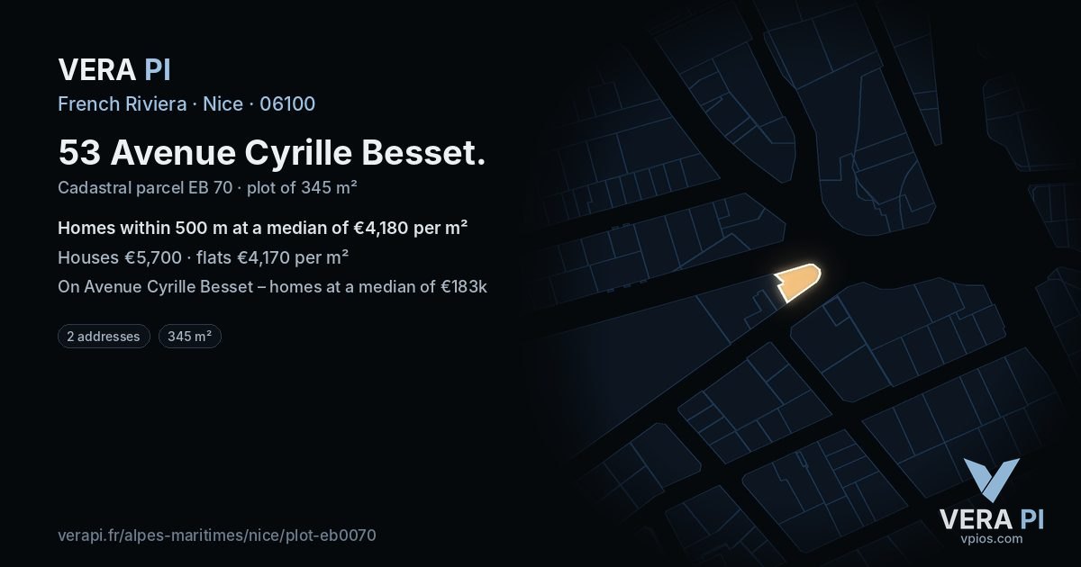 53 Avenue Cyrille Besset, Nice at night – the plot lit, the parcels around coloured by the prices near them