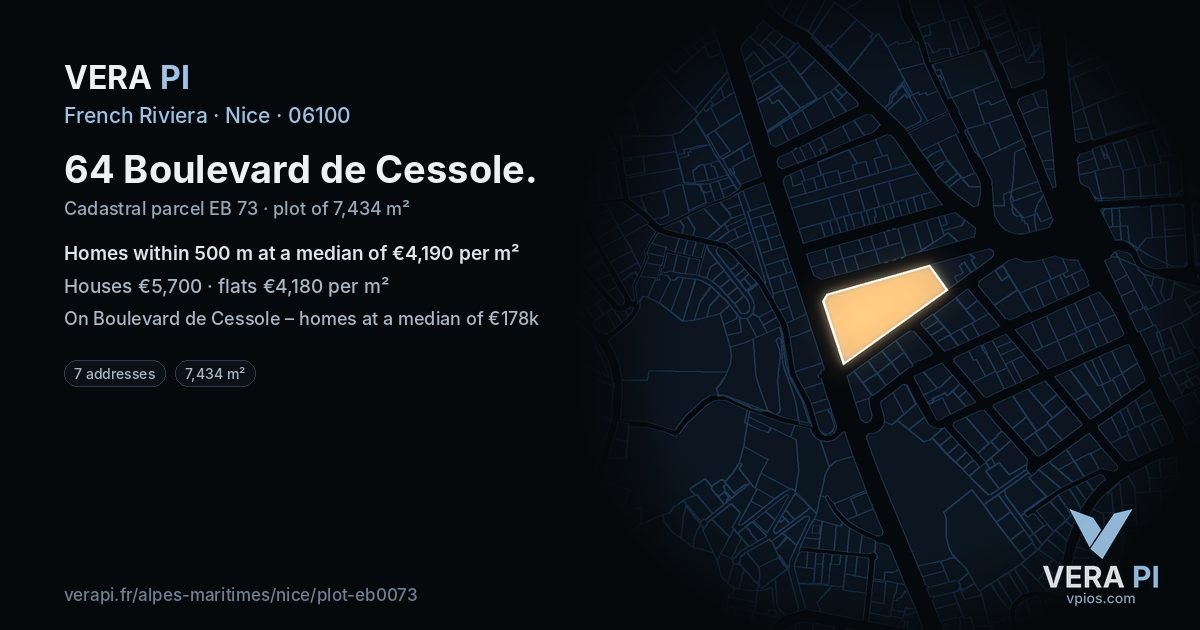 64 Boulevard de Cessole, Nice at night – the plot lit, the parcels around coloured by the prices near them