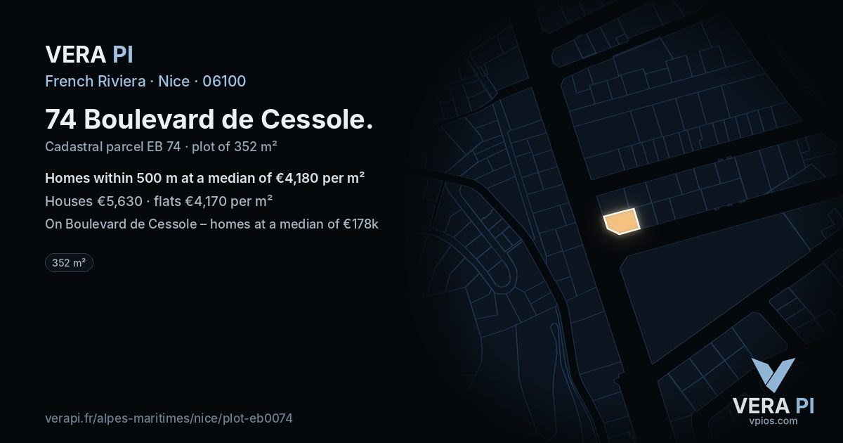74 Boulevard de Cessole, Nice at night – the plot lit, the parcels around coloured by the prices near them