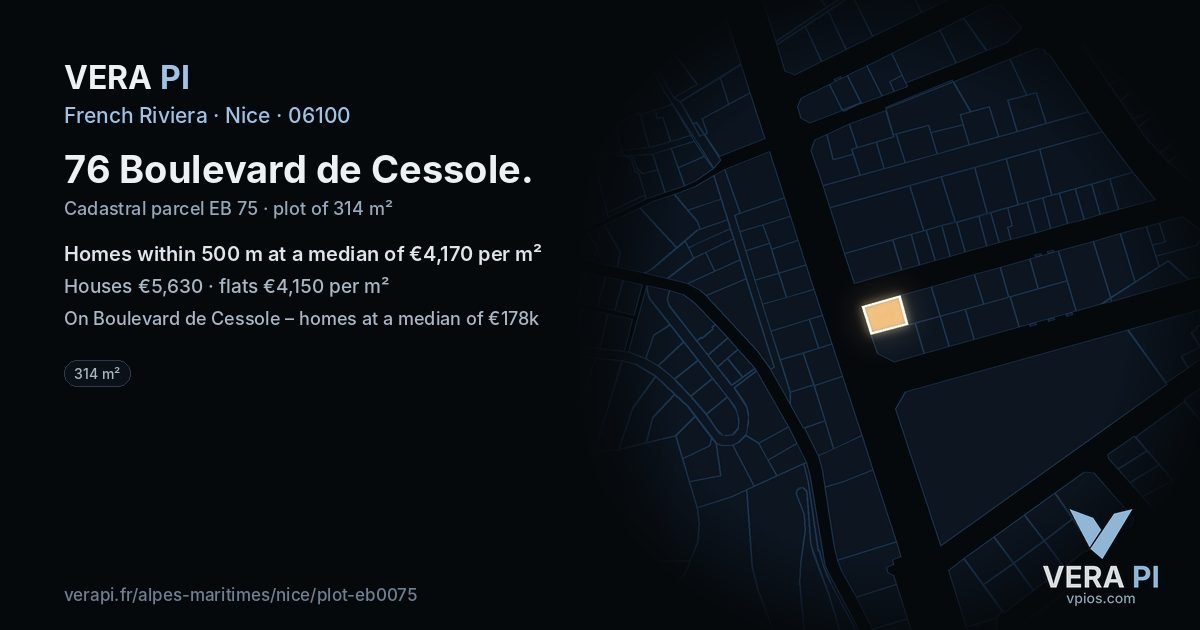 76 Boulevard de Cessole, Nice at night – the plot lit, the parcels around coloured by the prices near them