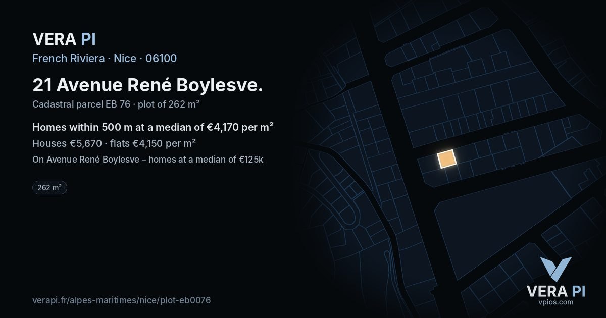 21 Avenue René Boylesve, Nice at night – the plot lit, the parcels around coloured by the prices near them