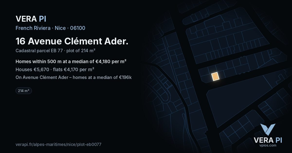 16 Avenue Clément Ader, Nice at night – the plot lit, the parcels around coloured by the prices near them