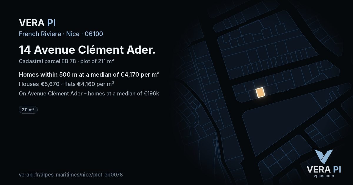 14 Avenue Clément Ader, Nice at night – the plot lit, the parcels around coloured by the prices near them