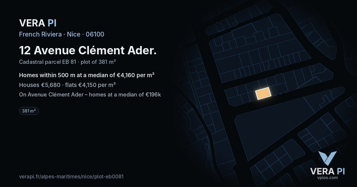 12 Avenue Clément Ader, Nice at night – the plot lit, the parcels around coloured by the prices near them