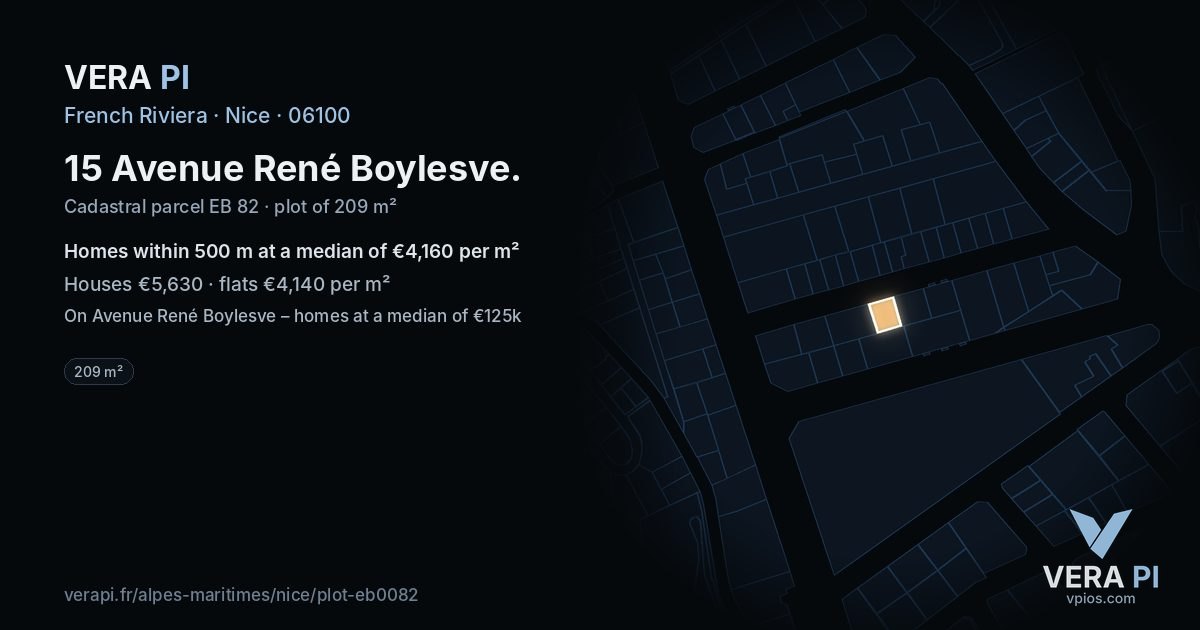 15 Avenue René Boylesve, Nice at night – the plot lit, the parcels around coloured by the prices near them
