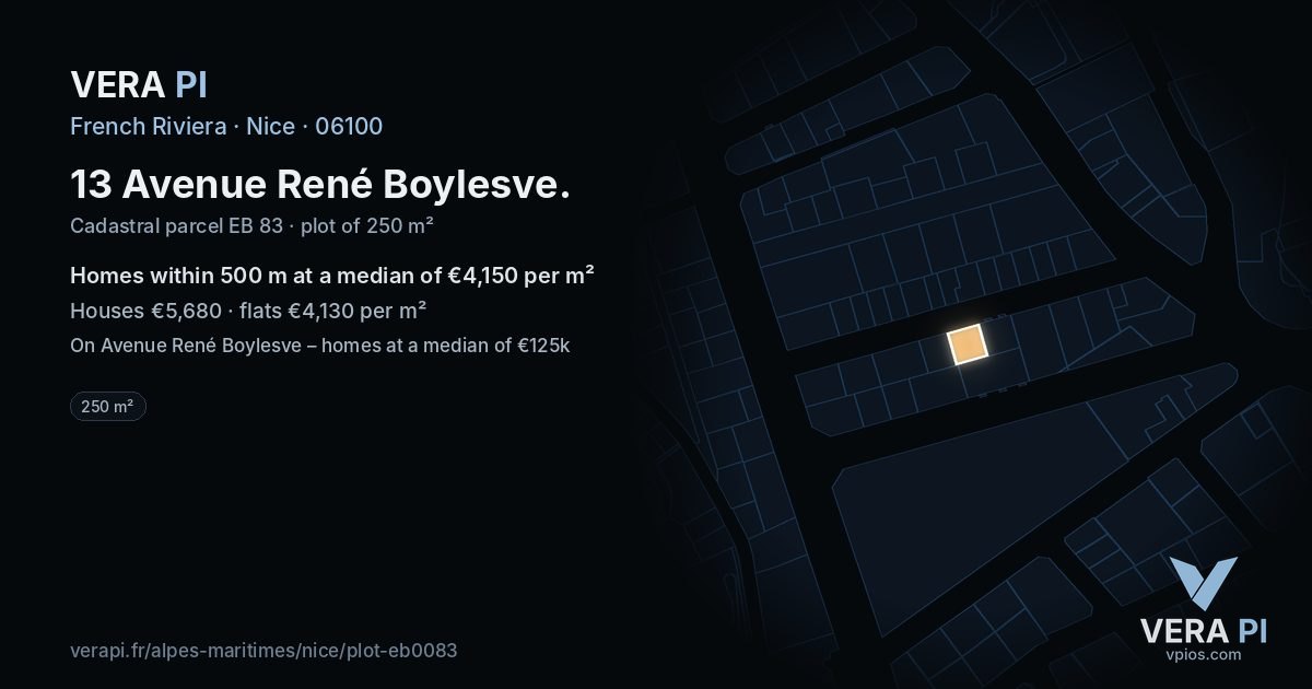 13 Avenue René Boylesve, Nice at night – the plot lit, the parcels around coloured by the prices near them