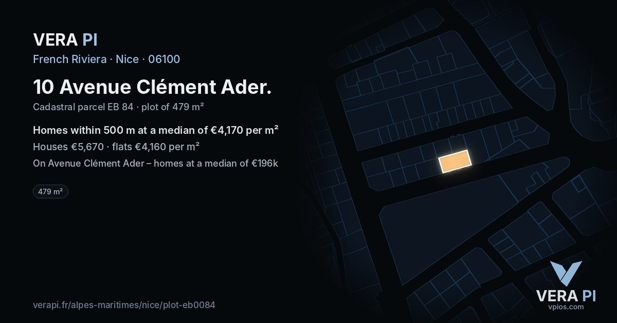 10 Avenue Clément Ader, Nice at night – the plot lit, the parcels around coloured by the prices near them