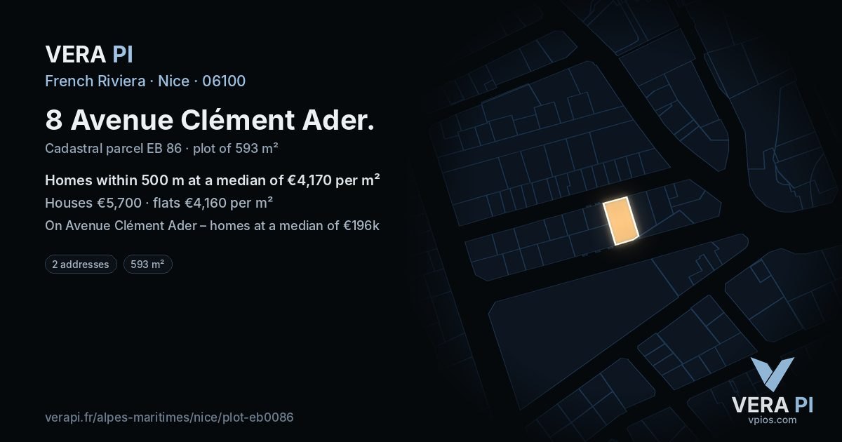 8 Avenue Clément Ader, Nice at night – the plot lit, the parcels around coloured by the prices near them