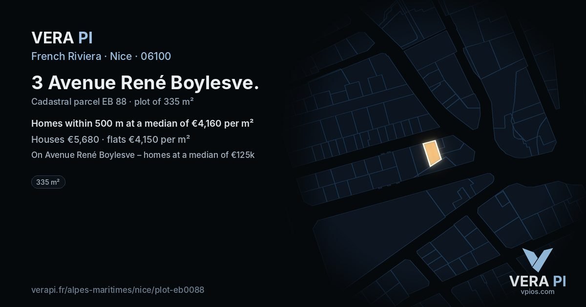 3 Avenue René Boylesve, Nice at night – the plot lit, the parcels around coloured by the prices near them