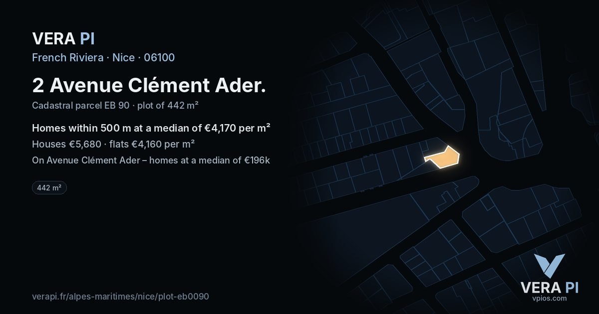 2 Avenue Clément Ader, Nice at night – the plot lit, the parcels around coloured by the prices near them