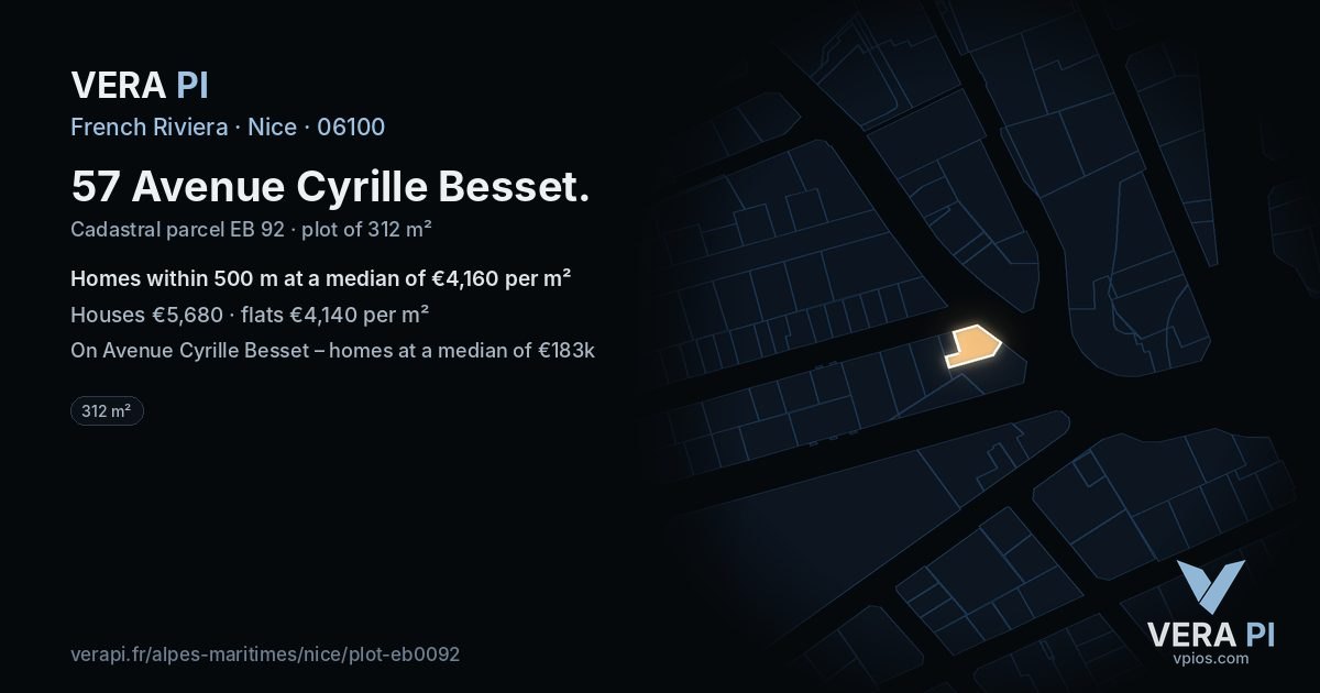 57 Avenue Cyrille Besset, Nice at night – the plot lit, the parcels around coloured by the prices near them