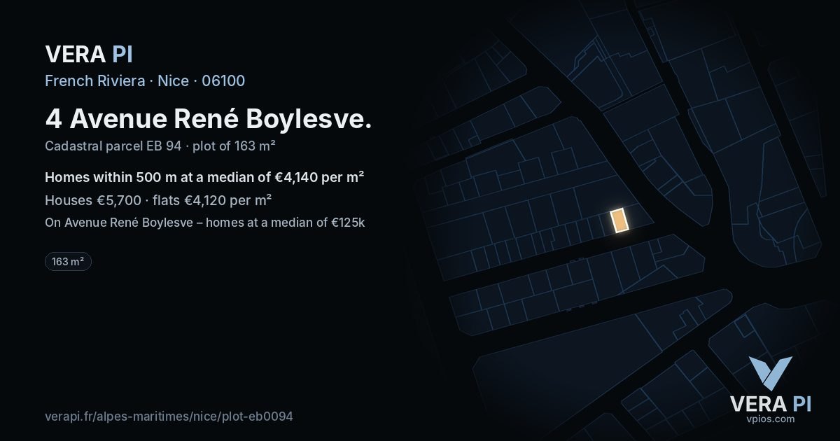 4 Avenue René Boylesve, Nice at night – the plot lit, the parcels around coloured by the prices near them