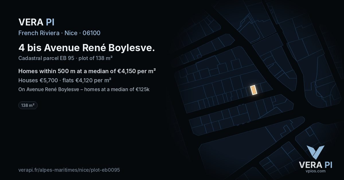 4 bis Avenue René Boylesve, Nice at night – the plot lit, the parcels around coloured by the prices near them