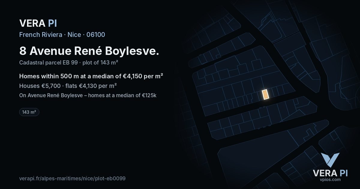 8 Avenue René Boylesve, Nice at night – the plot lit, the parcels around coloured by the prices near them