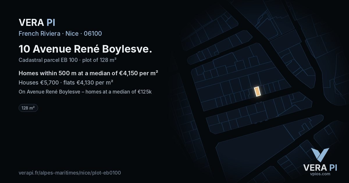 10 Avenue René Boylesve, Nice at night – the plot lit, the parcels around coloured by the prices near them