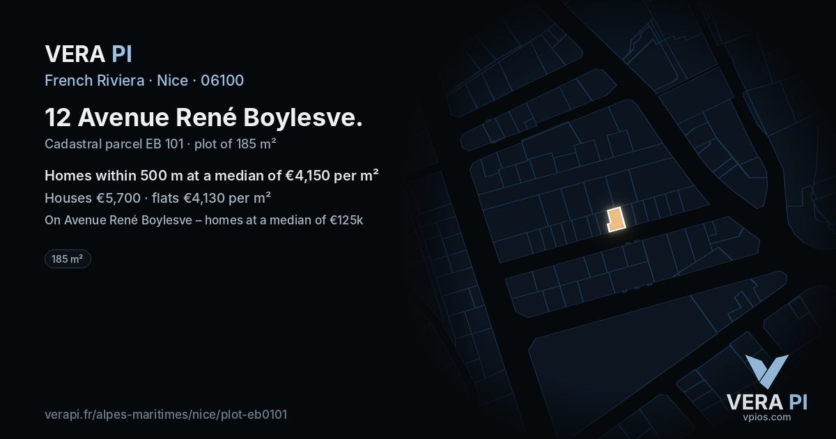 12 Avenue René Boylesve, Nice at night – the plot lit, the parcels around coloured by the prices near them
