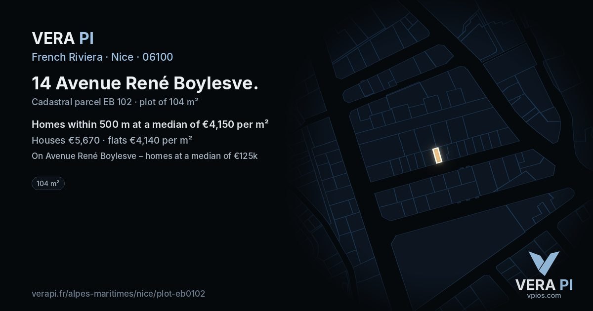 14 Avenue René Boylesve, Nice at night – the plot lit, the parcels around coloured by the prices near them