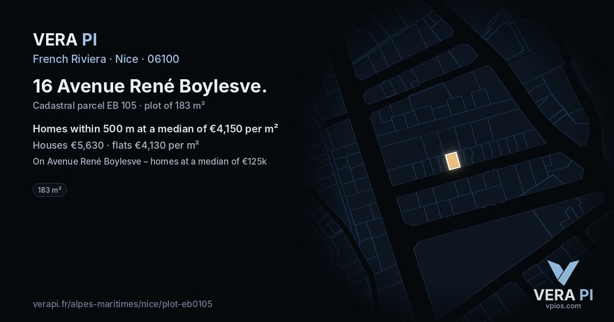 16 Avenue René Boylesve, Nice at night – the plot lit, the parcels around coloured by the prices near them