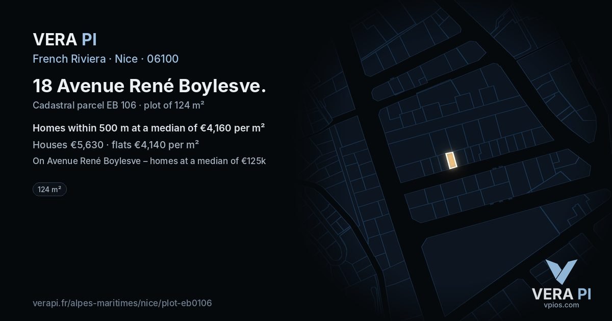 18 Avenue René Boylesve, Nice at night – the plot lit, the parcels around coloured by the prices near them