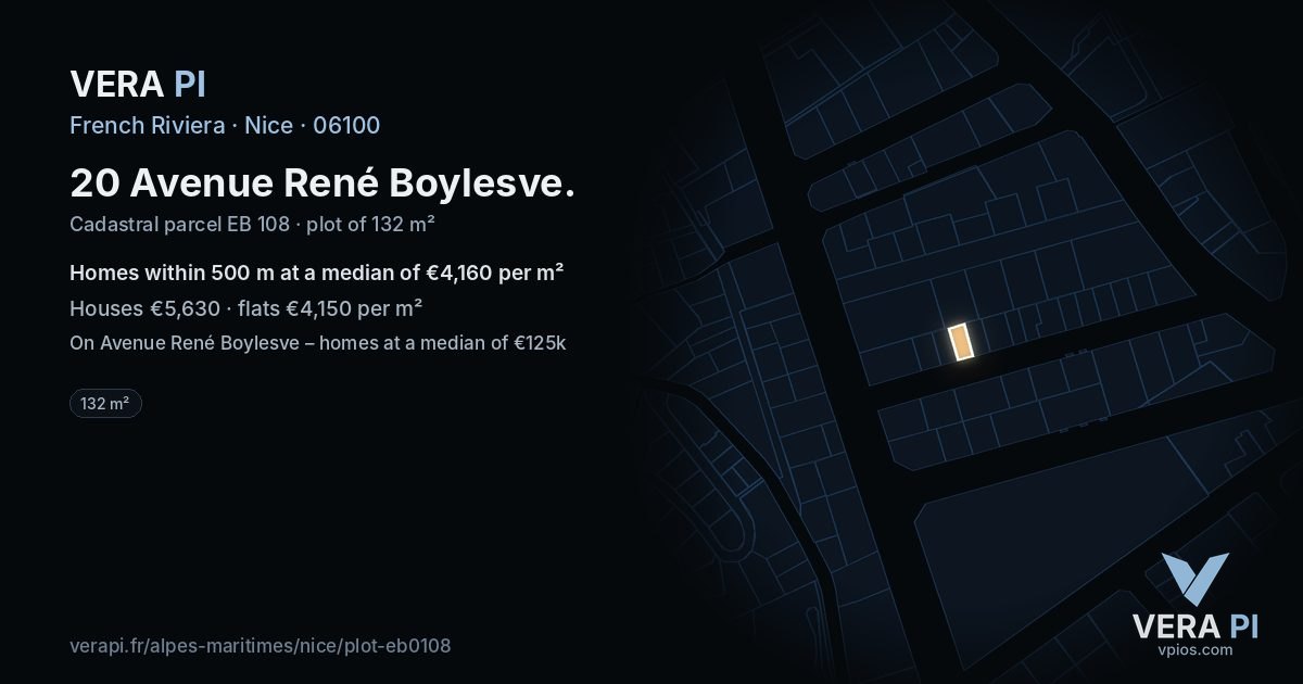 20 Avenue René Boylesve, Nice at night – the plot lit, the parcels around coloured by the prices near them