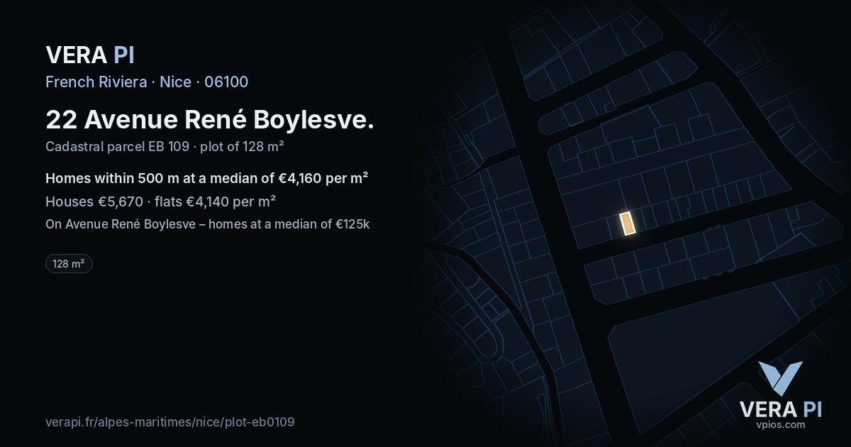 22 Avenue René Boylesve, Nice at night – the plot lit, the parcels around coloured by the prices near them