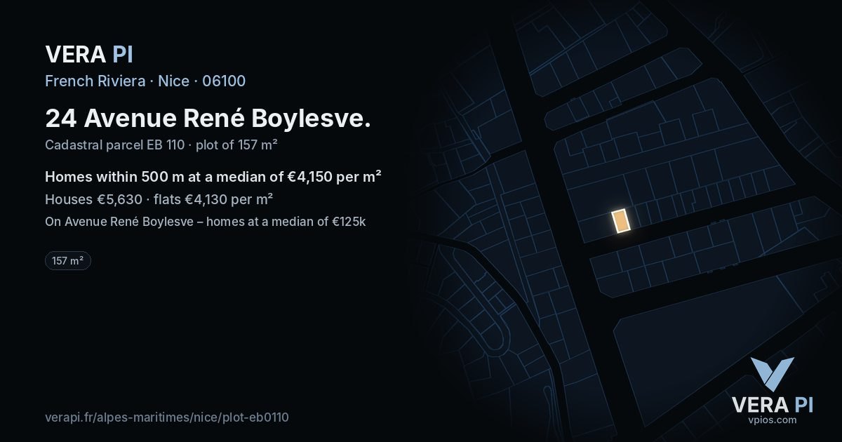 24 Avenue René Boylesve, Nice at night – the plot lit, the parcels around coloured by the prices near them