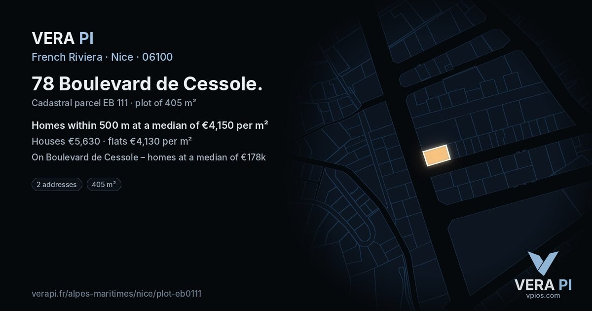 78 Boulevard de Cessole, Nice at night – the plot lit, the parcels around coloured by the prices near them