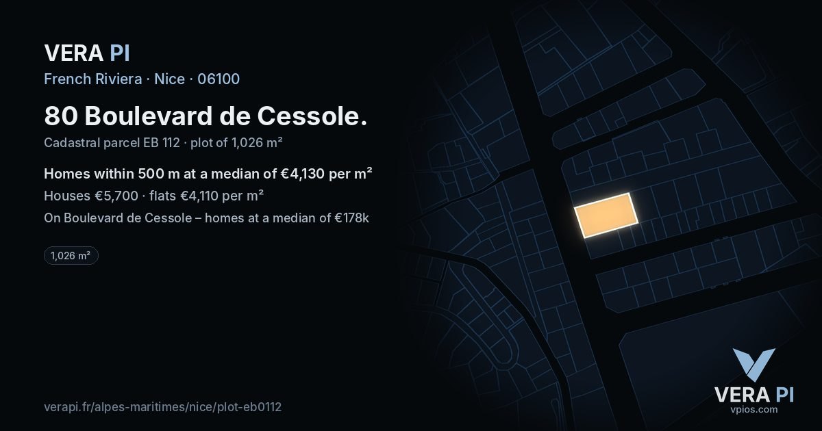 80 Boulevard de Cessole, Nice at night – the plot lit, the parcels around coloured by the prices near them