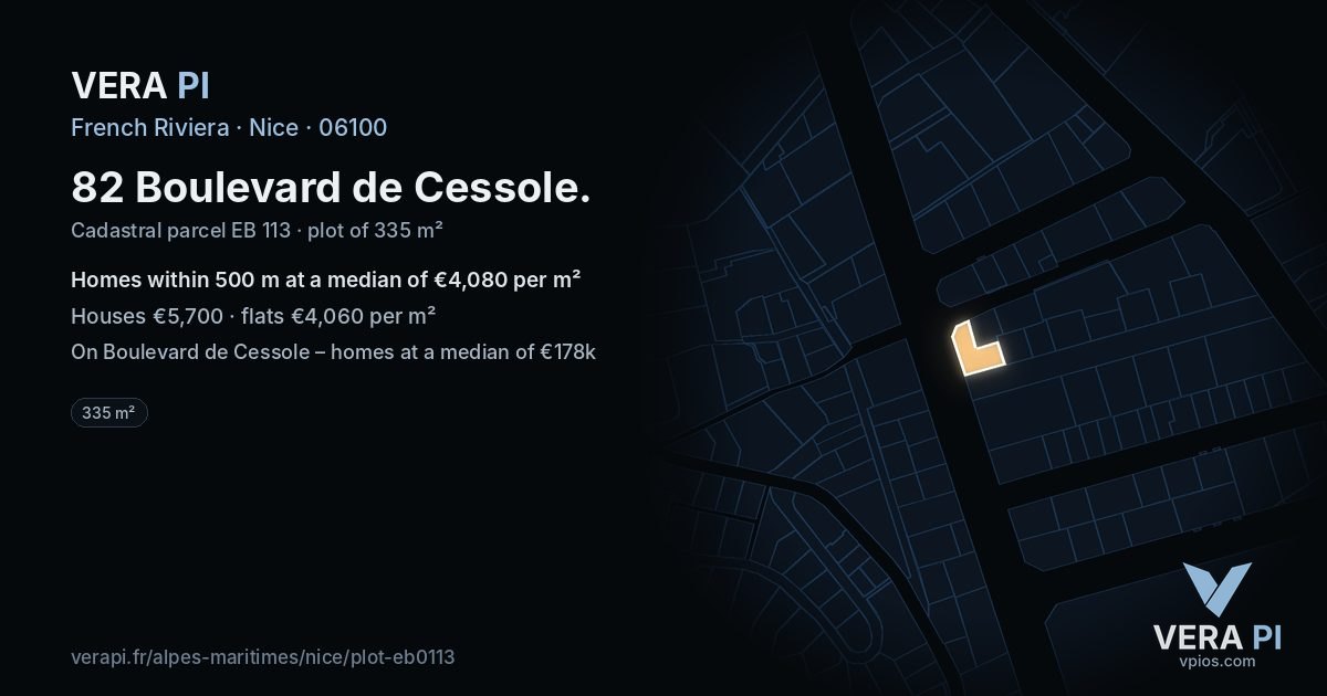 82 Boulevard de Cessole, Nice at night – the plot lit, the parcels around coloured by the prices near them