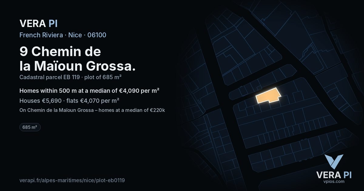 9 Chemin de la Maïoun Grossa, Nice at night – the plot lit, the parcels around coloured by the prices near them