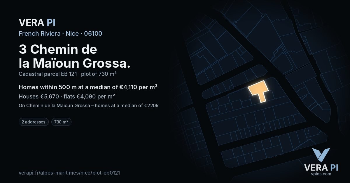 3 Chemin de la Maïoun Grossa, Nice at night – the plot lit, the parcels around coloured by the prices near them