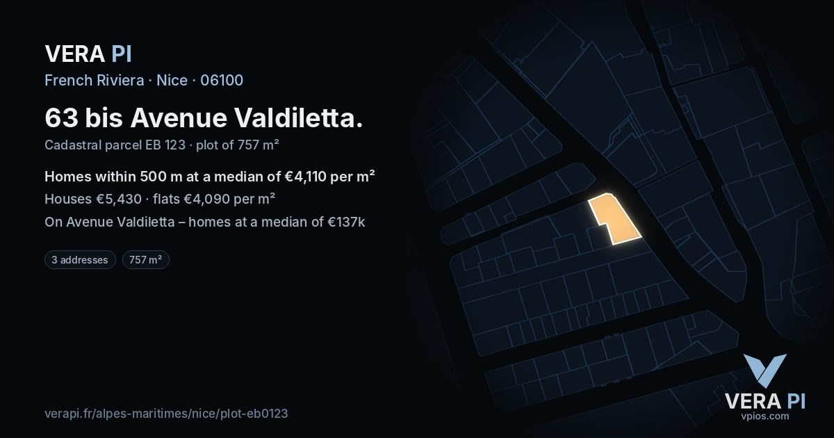63 bis Avenue Valdiletta, Nice at night – the plot lit, the parcels around coloured by the prices near them