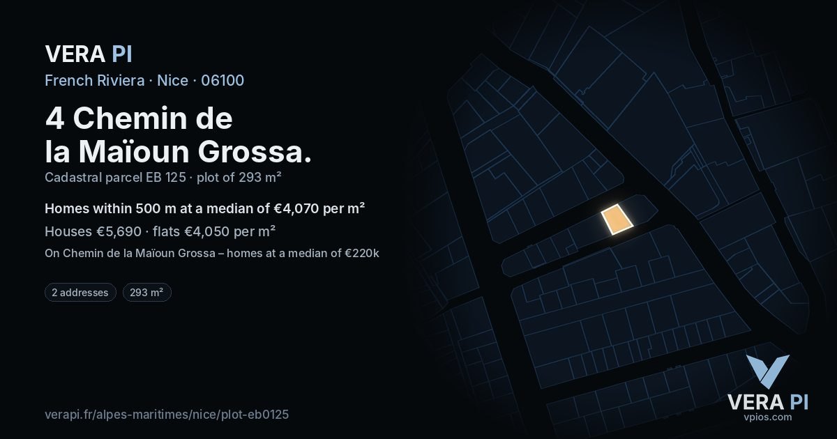 4 Chemin de la Maïoun Grossa, Nice at night – the plot lit, the parcels around coloured by the prices near them