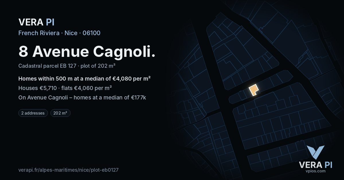 8 Avenue Cagnoli, Nice at night – the plot lit, the parcels around coloured by the prices near them