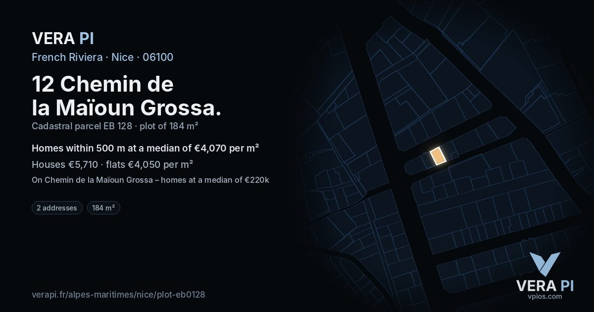 12 Chemin de la Maïoun Grossa, Nice at night – the plot lit, the parcels around coloured by the prices near them