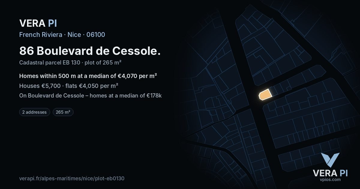 86 Boulevard de Cessole, Nice at night – the plot lit, the parcels around coloured by the prices near them