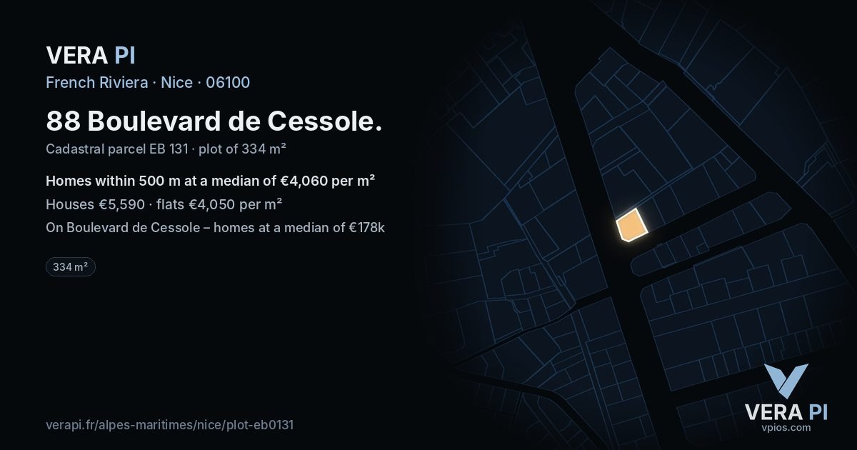 88 Boulevard de Cessole, Nice at night – the plot lit, the parcels around coloured by the prices near them
