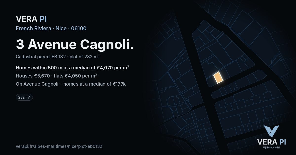 3 Avenue Cagnoli, Nice at night – the plot lit, the parcels around coloured by the prices near them