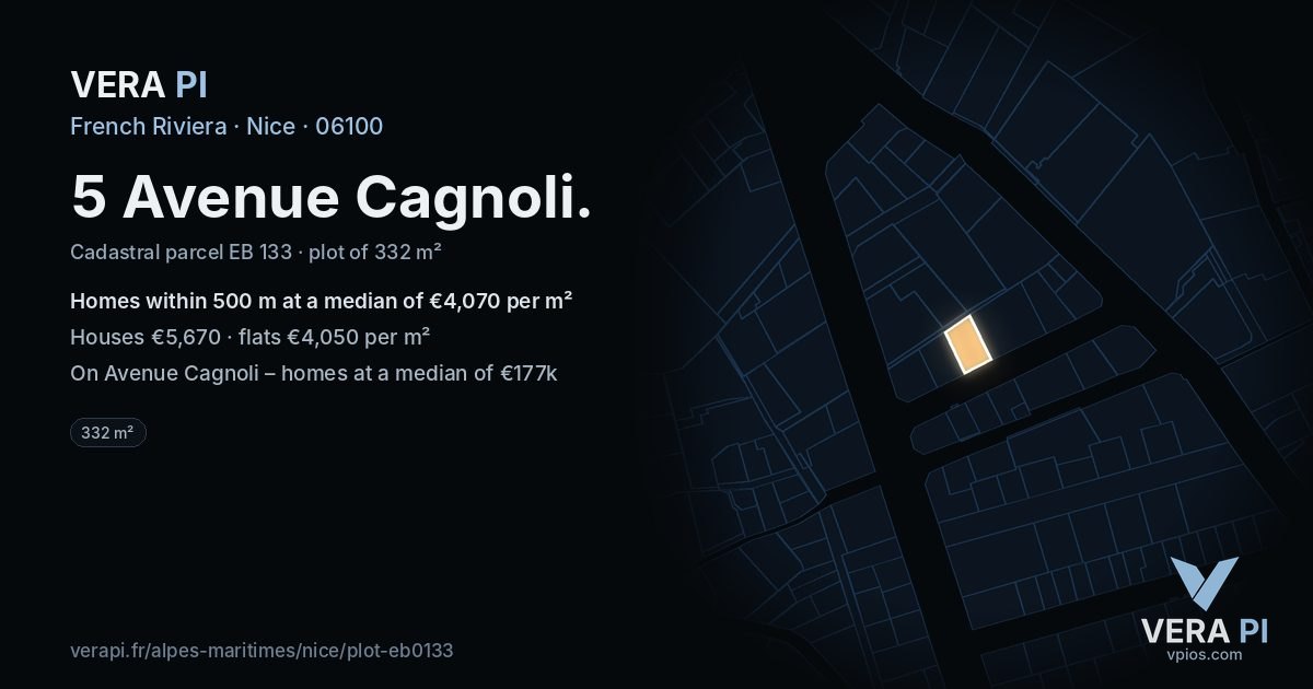 5 Avenue Cagnoli, Nice at night – the plot lit, the parcels around coloured by the prices near them