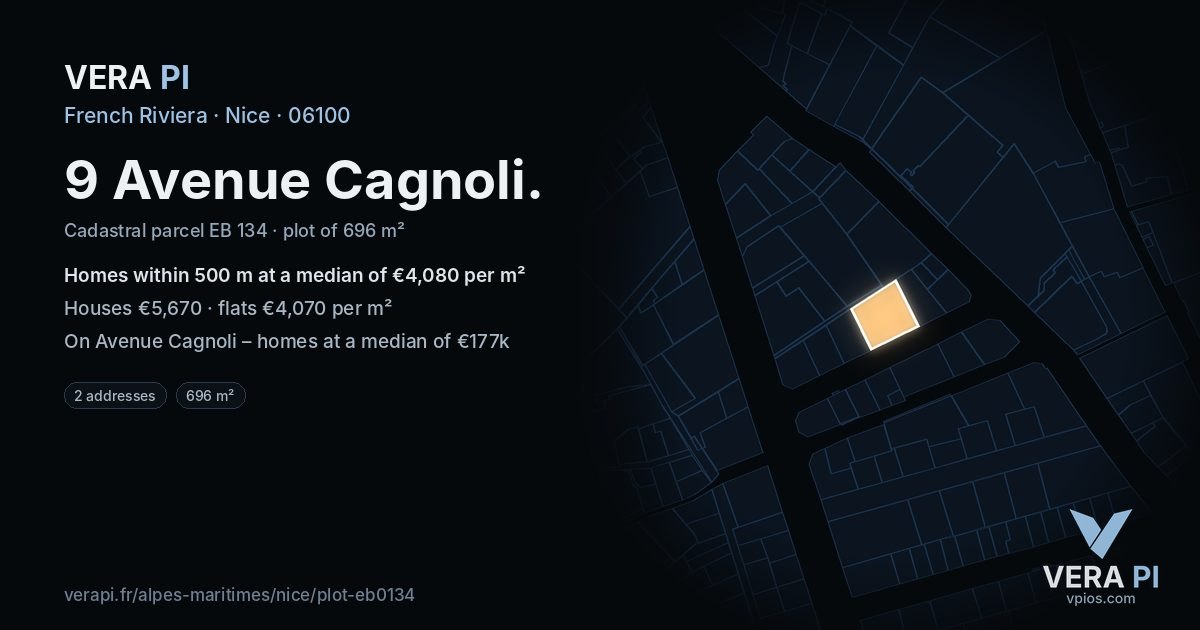 9 Avenue Cagnoli, Nice at night – the plot lit, the parcels around coloured by the prices near them