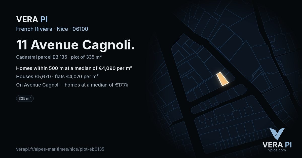 11 Avenue Cagnoli, Nice at night – the plot lit, the parcels around coloured by the prices near them