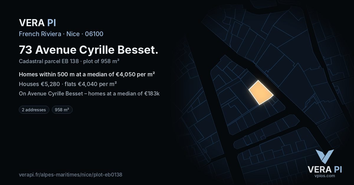 73 Avenue Cyrille Besset, Nice at night – the plot lit, the parcels around coloured by the prices near them
